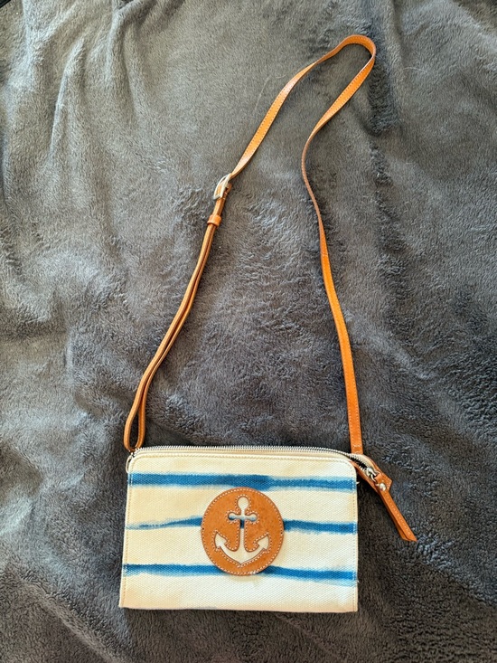 Brighton Handbags - Brighton Canvas Stripe Crossbody with Anchor Patch - Blue & Tan